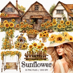 Aquarelle Tournesols Clipart, Tournesols Sublimation PNG, Floral Clipart, Tournesols Bouquet, Printemps, Automne, Fleurs jaunes, Utilisation commerciale
