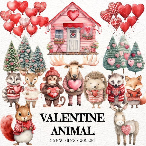 Valentine's Day Animals, Valentine's Day Clipart, Romantic Clipart, Woodland Animal Clipart, Digital Download, Love clipart, Commercial Use