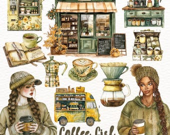 Aquarell Kaffee Mädchen Clipart: Coffee Shop PNG (digitaler Download)