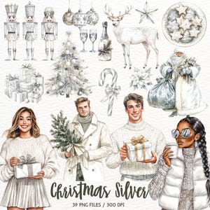 Clipart de Natal em aquarela prateada, inverno aconchegante, Natal branco, neutro, PNG de Natal em ouro rosa, clipart de feriado, garota de Natal, comercial