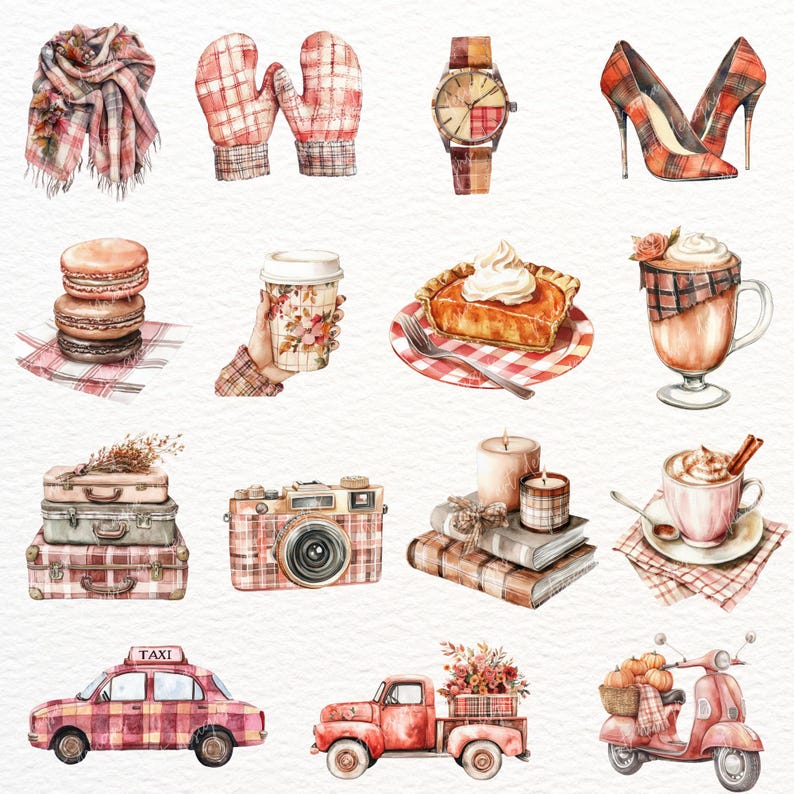 Pode incluir: Ilustra&ccedil;&atilde;o em aquarela de itens com tema de outono. Inclui um cachecol, luvas, um rel&oacute;gio, saltos altos, macarons, uma x&iacute;cara de caf&eacute;, torta, latte, malas, uma c&acirc;mera, velas, livros, um t&aacute;xi, uma caminhonete e uma scooter, todos com um padr&atilde;o xadrez.