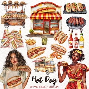Watercolor Hot Dog Clipart, Hot Dog PNG Fast Food Clipart, Summer Food, Barbecue, BBQ, Scrapbooking Stickers Digital Download for Commercial
