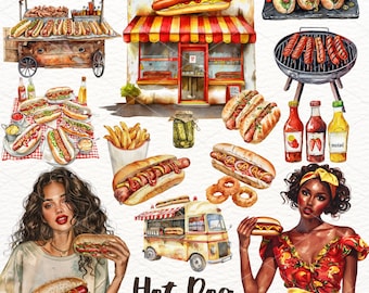 Akvarell varmkorv Clipart: BBQ, sommarmat PNG (digital nedladdning)