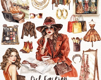 Watercolor Fashion Girl Clipart: Chic Woman Illustrations (PNG Digital Download)