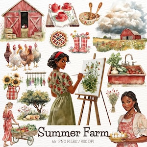 Clipart ferme d'été aquarelle, animaux de la ferme PNG, Clipart ferme, ambiance estivale, PNG de l'été, Cottagecore, autocollants numériques, Scrapbooking