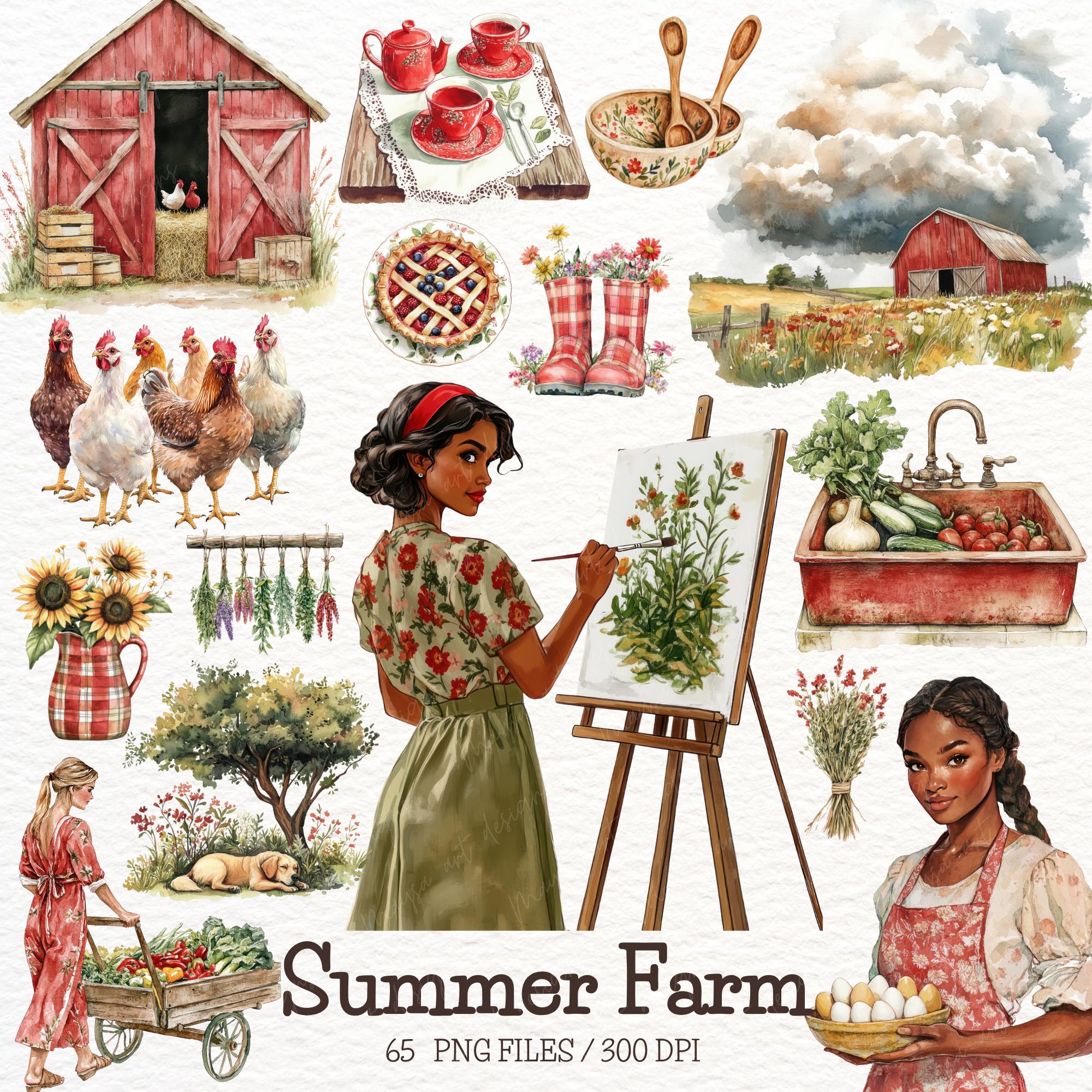 Watercolor Summer Farm Clipart, Farm Animals PNG, Farmhouse Clipart, Summer Vibes, Summer PNG, Cottagecore, Digital Stickers, Scrapbooking