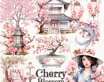 Watercolor Cherry Blossom Clipart, Sakura Clipart, Japanese Sakura PNG, Spring, Pink Floral, Scrapbooking, Digital Download , Commercial Use