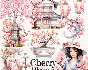 Watercolor Cherry Blossom Clipart: Japanese Sakura PNG (Digital Download)