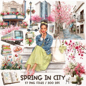 Puede incluir: Ilustración en acuarela de una escena de ciudad primaveral con una mujer, edificios, flores de cerezo y un tren. La imagen incluye el texto "SPRING IN CITY" y "57 PNG FILES / 300 DPI". La mujer lleva una chaqueta vaquera y un vestido amarillo.