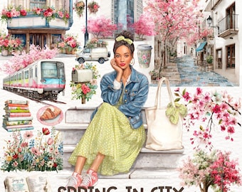Spring in City Clipart, Paris Cafe, Feminine Planner Stickers, Coffee & Flower Clipart, Scrapbook Elements