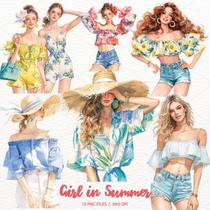 Acuarela verano chica clipart, verano moda clipart, verano chica PNG, moda chica bonita, fabricación de tarjetas, pegatinas de álbum de recortes uso comercial