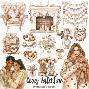 Acuarela acogedora San Valentín Clipart Romance Romántico Clip Art PNG Amor Parejas Día de San Valentín Cottagecore Descarga digital Pegatinas Comercial
