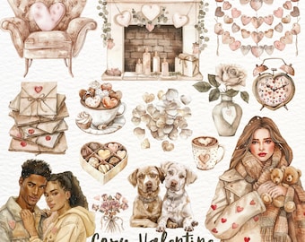 May include: A watercolor illustration set with a Valentine's Day theme. The set includes a fireplace, a couple, a woman holding a teddy bear, dogs, a heart-shaped garland, a box of chocolates, a cup of hot chocolate, a bouquet of flowers, and a stack of envelopes. The illustration is in a soft, romantic style with muted colors.