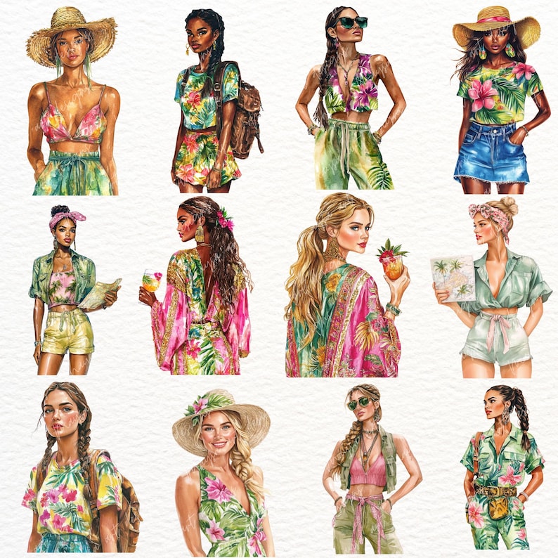 Watercolor Tropical Clipart: Summer Beach PNG Graphics (digital ...