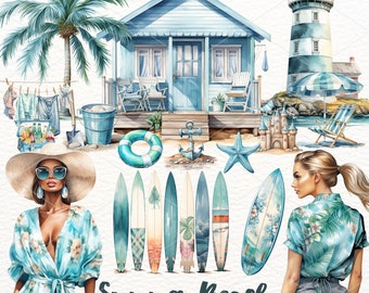 Summer Beach Watercolor Clipart, Summer Clipart, Summer Girl PNG, Travel, Ocean, Summer Vacation, Beach Girl Digital Download Commercial Use