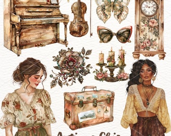 Clipart antico acquerello: grafica PNG vintage chic (download digitale)