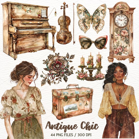 Watercolor Antique Clipart: Chic Vintage PNG Graphics (Digital Download)