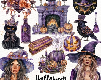 Watercolor Halloween Clipart: Spooky Witch, Black Cat Graphics (Digital Download)