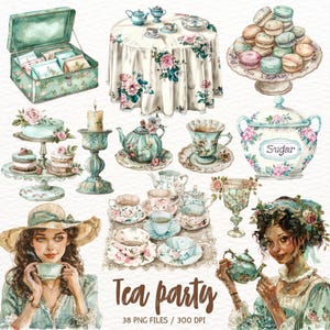Clipart acquerello vintage per festa del tè, elegante tazza da tè, teiera, amanti del tè, tè pomeridiano PNG, download digitale, scrapbooking, uso commerciale
