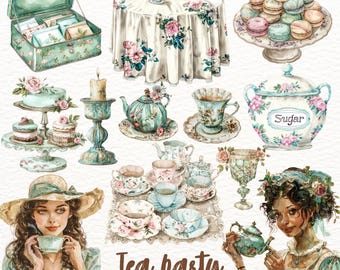 Watercolor Tea Party Clipart: Vintage Teacups, Teapots (PNG Digital Download)