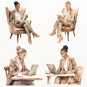 Puede incluir: Cuatro mujeres con atuendos de negocios est&aacute;n trabajando en diferentes entornos. Una mujer est&aacute; sentada en una silla leyendo un documento, otra est&aacute; sentada en una silla con una computadora port&aacute;til, y dos mujeres est&aacute;n sentadas en una mesa con computadoras port&aacute;tiles.