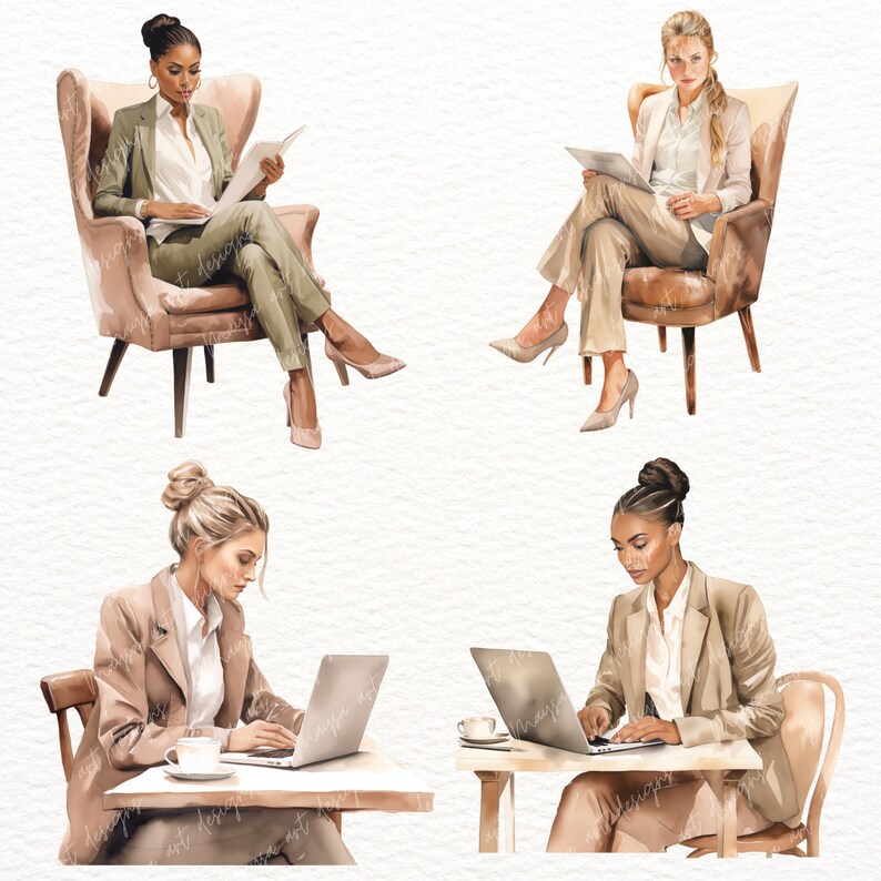 Puede incluir: Cuatro mujeres con atuendos de negocios est&aacute;n trabajando en diferentes entornos. Una mujer est&aacute; sentada en una silla leyendo un documento, otra est&aacute; sentada en una silla con una computadora port&aacute;til, y dos mujeres est&aacute;n sentadas en una mesa con computadoras port&aacute;tiles.