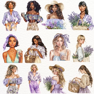 May include: A digital illustration of ten women with different hairstyles and outfits. Each woman is holding a bouquet of lavender flowers or a basket of lavender. The women are wearing floral dresses, blouses, and jeans. The background is white.