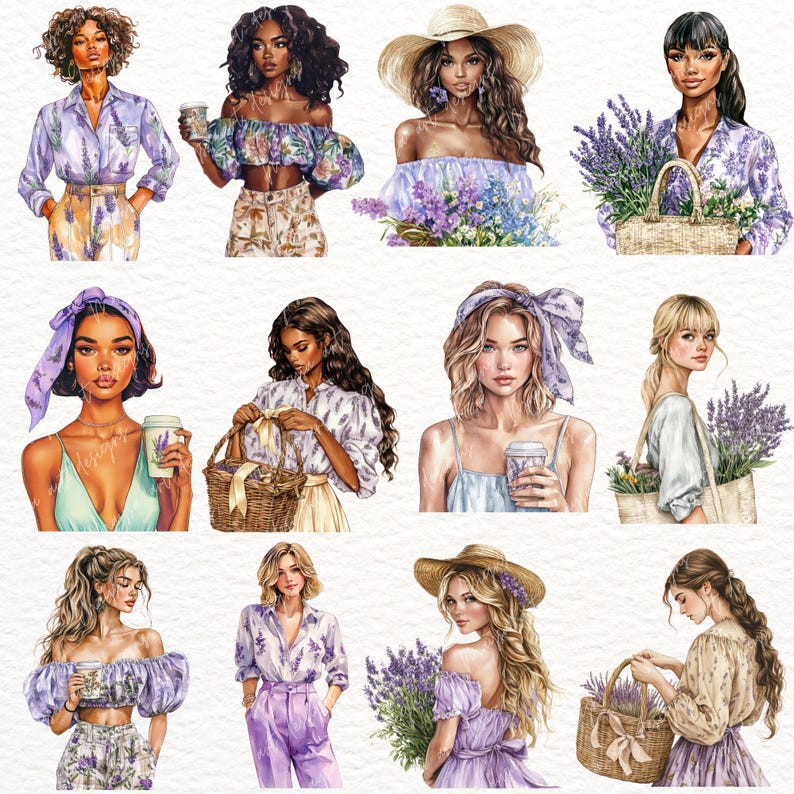 May include: A digital illustration of ten women with different hairstyles and outfits. Each woman is holding a bouquet of lavender flowers or a basket of lavender. The women are wearing floral dresses, blouses, and jeans. The background is white.