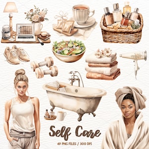 Clipart aquarelle soins personnels, clipart fille, amour de soi, clipart temps de spa, alimentation saine, relaxation, clipart beauté, produits de beauté, usage commercial