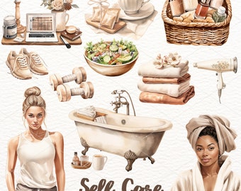May include: A watercolor illustration of self-care items, including a bathtub, towels, a hairdryer, a salad, dumbbells, a laptop, a cup of coffee, and two women. The text "Self Care" is written in brown letters at the bottom of the image. The text "49 PNG FILES / 300 DPI" is written in smaller brown letters below the text "Self Care".