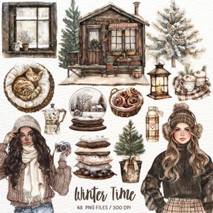 Clipart hiver aquarelle, hiver douillet, hiver rustique PNG, neigeux, vacances Clip Art, humeur hivernale, Cottagecore, Scrapbooking, téléchargement numérique