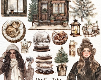Watercolor Winter Clipart: Cozy Cottagecore PNG (Digital Download)