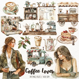 Acuarela Coffee Lover Clipart, Imágenes Prediseñadas de bebidas de café, Barista, Espresso, Latte, Cafetería, Scrapbooking, Descarga Digital Uso Comercial