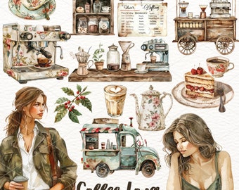 Watercolor Coffee Clipart: Barista, Latte, Espresso (Digital Download)
