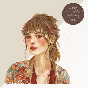 May include: A watercolor illustration of a woman with long brown hair, wearing a floral patterned jacket. She has a soft, natural look with rosy cheeks and a warm smile.