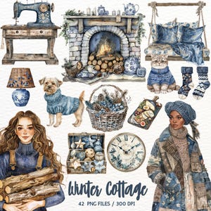 Clipart di cottage invernale ad acquerello, inverno accogliente, cottagecore, ragazza invernale, inverno romantico, campagna vivente, scrapbooking, uso commerciale
