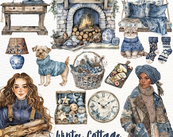 Watercolor Winter Cottage Clipart: Cozy Cottagecore PNG Images (Commercial Use)