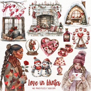 Aquarel liefde in de winter clipart, gezellige wintervakantie, romantische wintervakantie png, verliefd stel, winter clipart bundel digitale download