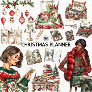 Aquarel kerst planner clipart planner meisje, gezellige winter planner journaling clipart, planner png digitale stickers scrapbook commercial
