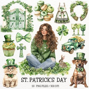 Clipart aquarelle de la Saint-Patrick, Clipart trèfle, pot d'or, lutin, fer à cheval PNG, clipart irlandais, album de stickers Cottagecore