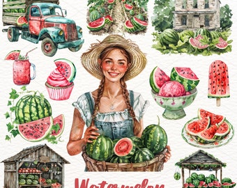 Watercolor Watermelon Clipart: Summer Graphics, Scrapbooking (PNG, Instant Download)