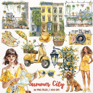 Clipart per città estiva dell'acquerello, clipart estiva, ragazza di città, grafica di viaggio, PNG per le vacanze, Cottagecore, adesivi digitali per album commerciali