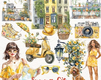 Watercolor Summer City Clipart, Summer Clipart, City Girl, Travel Graphics, Vacation PNG, Cottagecore, Scrapbook Digital Stickers Commercial