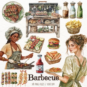 Clipart z grilla akwarelowego, BBQ PNG, grafika letnia, stek z jedzenia, sezonowy, dziewczyny akwarelowe, impreza grillowa, natychmiastowe pobieranie, wykorzystanie komercyjne