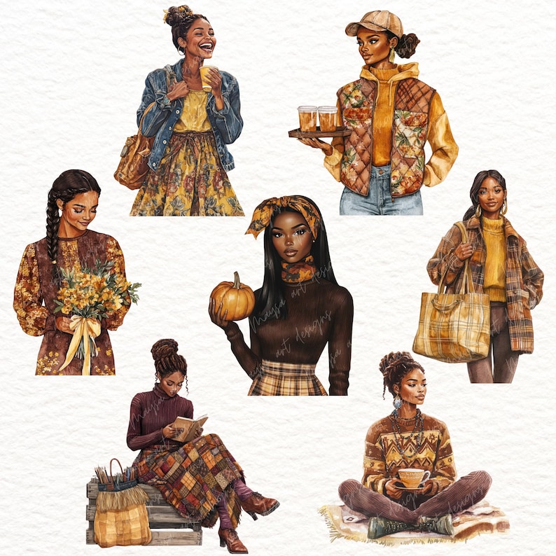 May include: Watercolor illustrations of women in autumn attire. The images depict women in various poses, including holding drinks, carrying flowers, and reading. The color palette features warm tones like yellow, brown, and orange, evoking a cozy, seasonal theme.
