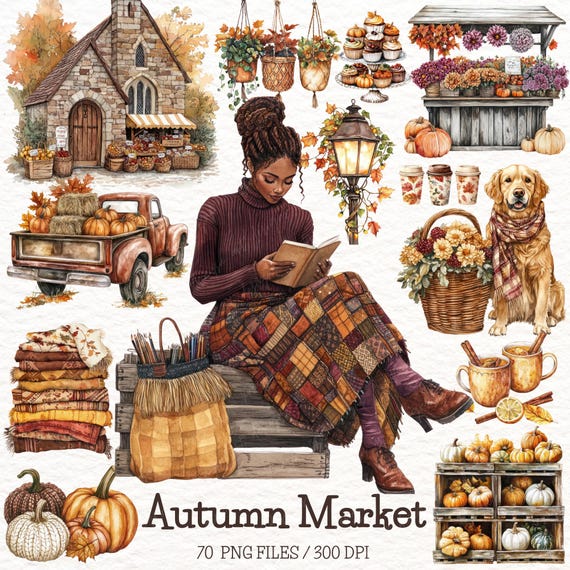 Watercolor Autumn Market Clipart: 70 Cozy Fall PNGs (Digital Download))