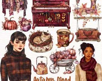 Watercolor Autumn Clipart: Cozy Cottagecore PNG Set (Digital Download)