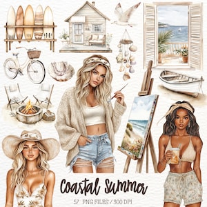 Aquarel kust clipart, zomer nautisch, oceaan, zand en zee, kustvakantie, neutraal, strand png, vakantie, strandmeisje, scrapbooking,
