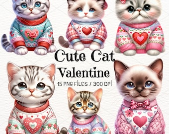 Watercolor Cat Valentine Clipart, Kitten PNG (Digital Download)