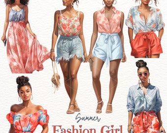 Watercolor Summer Fashion Girls Clipart: PNG Graphics (Digital Download)